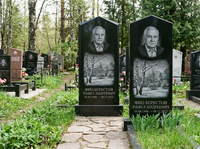Памятник с гравировкой берёзы: массивная стела с двускатным навершием — зимняя берёза, снег на ветвях, дорожка из природного плитняка, работа «Берестов» в Южно-Сахалинске