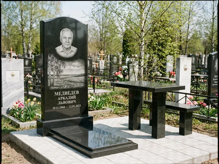 Памятник с гравировкой берёзы: стела с гранитным столиком и скамьёй — берёза у поля, простор до горизонта, семейный участок с плиткой, работа «Медведев» в Южно-Сахалинске