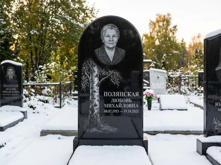 Памятник с гравировкой берёзы: полукруглая стела — объёмная одинокая берёза с фактурной корой, заснеженный зимний участок, работа «Полянская» в Южно-Сахалинске