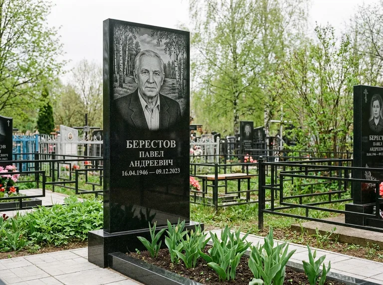 Памятник с гравировкой берёзы — гравировка берёзовой рощи в глубину, работа «Берестов» в Южно-Сахалинске