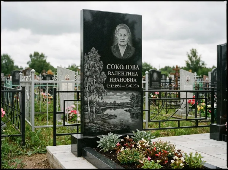Памятник с гравировкой берёзы — гравировка берёзы у зеркального озера, работа «Соколова» в Южно-Сахалинске