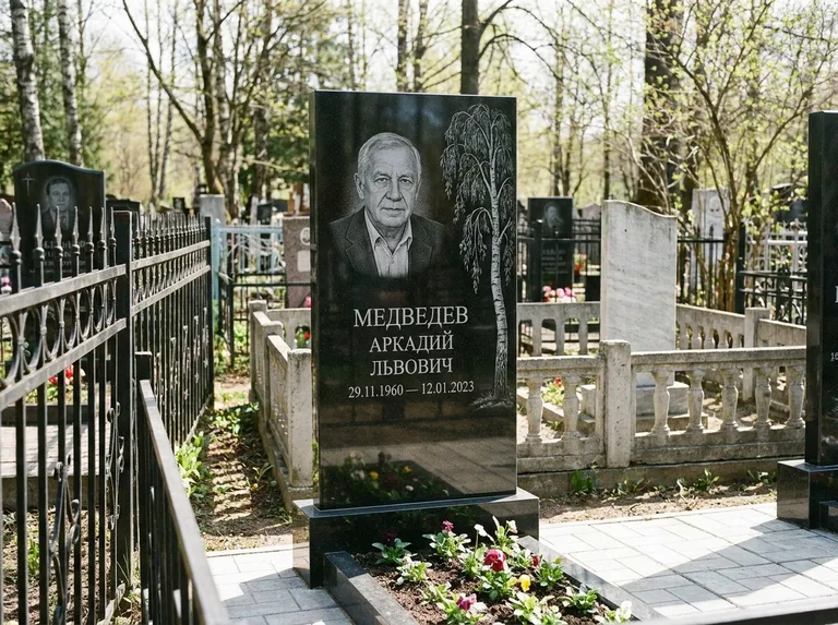 Памятник с гравировкой берёзы — гравировка плакучей берёзы с тонкими ветвями, работа «Медведев» в Южно-Сахалинске