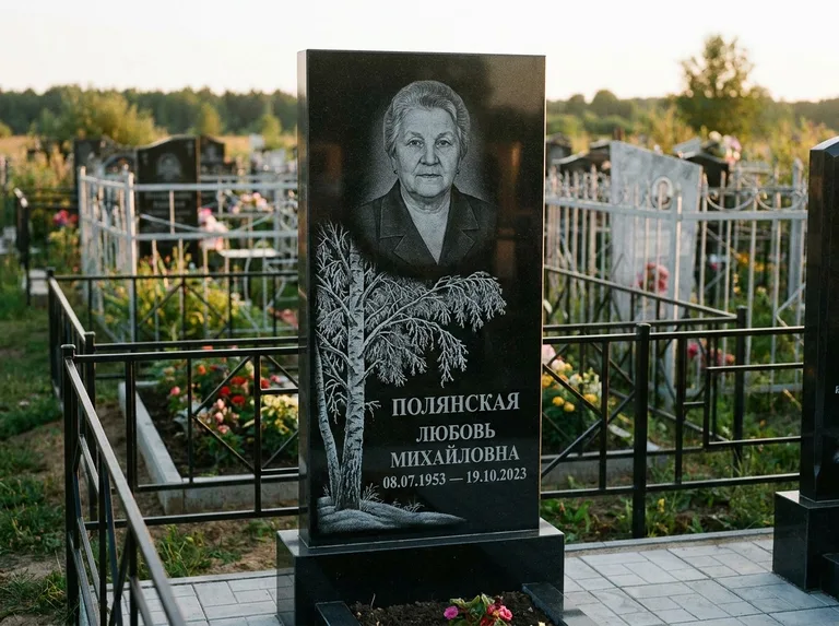 Памятник с гравировкой берёзы — гравировка зимней берёзы в инее, работа «Полянская» в Южно-Сахалинске