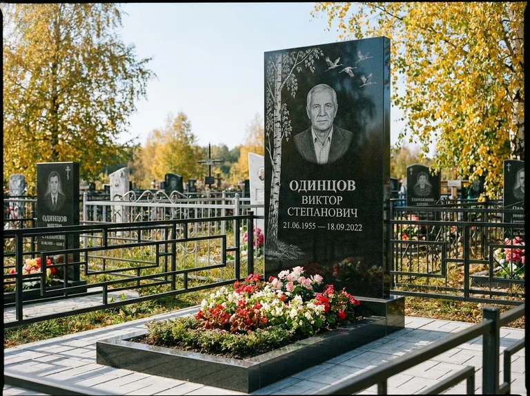 Памятник с гравировкой берёзы — гравировка берёзы с журавлиным клином в небе, работа «Одинцов» в Южно-Сахалинске