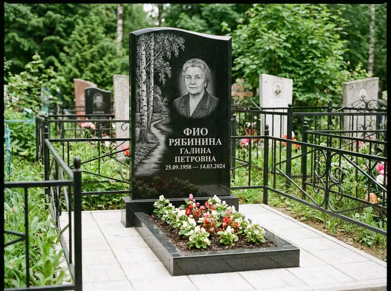 Памятник с гравировкой берёзы — гравировка берёзы у тропинки, уходящей вдаль, работа «Рябинина» в Южно-Сахалинске