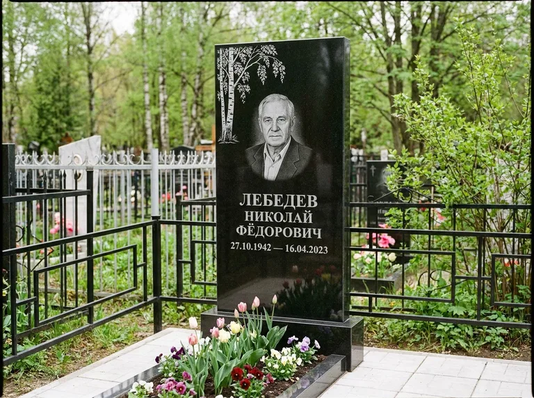 Памятник с гравировкой берёзы — гравировка одинокой берёзы над именем, работа «Лебедев» в Южно-Сахалинске