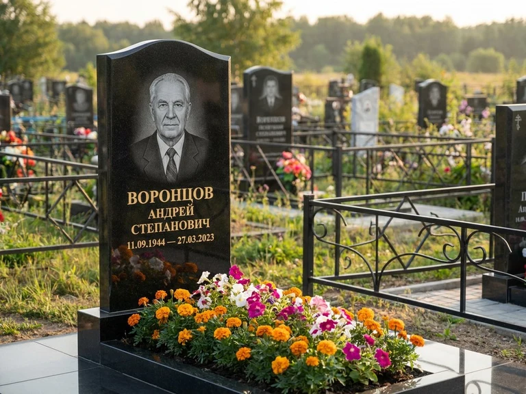 Гравировка фото на памятнике в Южно-Сахалинске — готовый гравированный портрет на чёрном граните