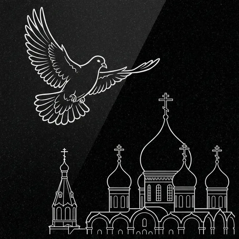 Эскиз гравировки голубей на памятник — голубь в небе над храмом в Южно-Сахалинске