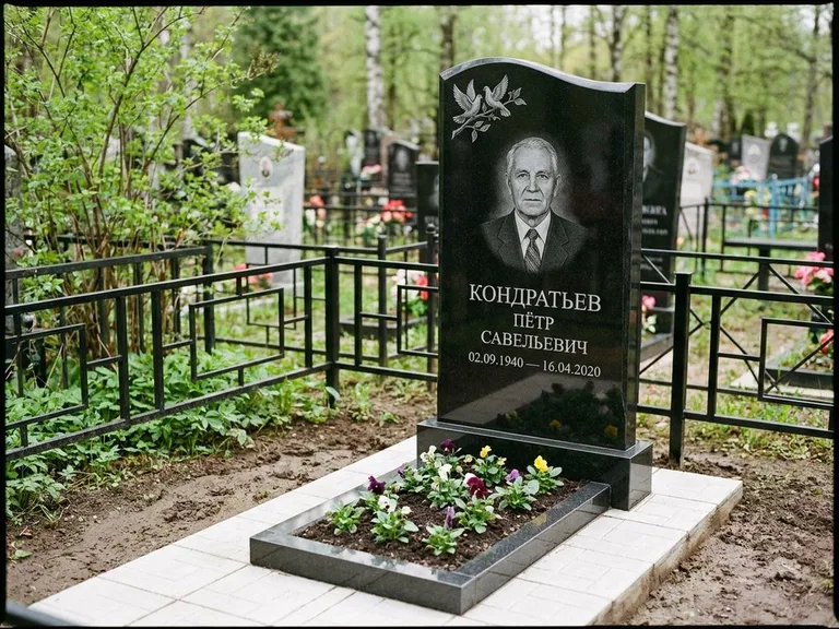 Памятник с гравировкой голубей — гравировка пары голубей на ветке в верхнем углу стелы, работа «Кондратьев» в Южно-Сахалинске