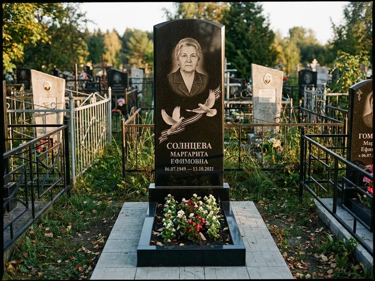 Памятник с гравировкой голубей — гравировка двух летящих голубей с лентой по диагонали стелы, работа «Солнцева» в Южно-Сахалинске