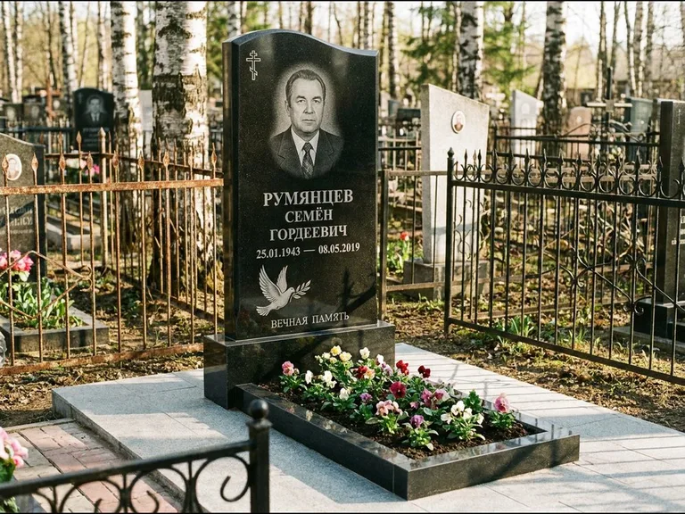 Памятник с гравировкой голубей — гравировка голубя с оливковой ветвью рядом с эпитафией, работа «Румянцев» в Южно-Сахалинске