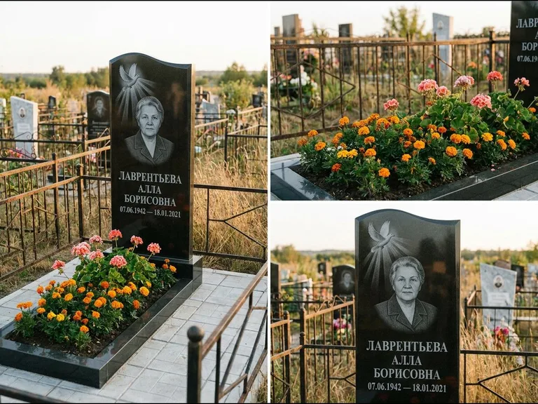 Памятник с гравировкой голубей — гравировка голубя в лучах света над портретом, работа «Лаврентьева» в Южно-Сахалинске