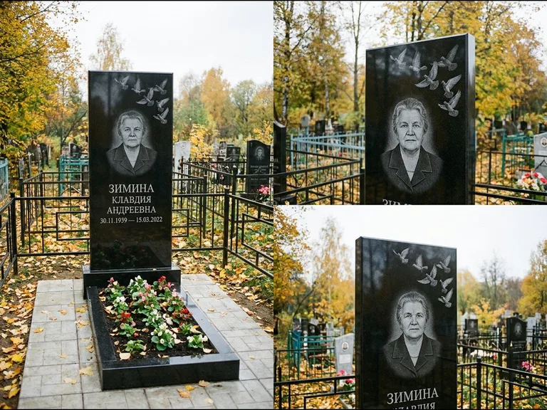 Памятник с гравировкой голубей — гравировка стаи голубей, взлетающей от угла стелы, работа «Зимина» в Южно-Сахалинске