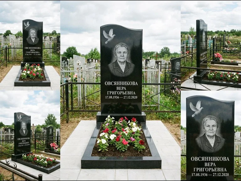 Памятник с гравировкой голубей — белая гравировка взлетающего голубя над портретом, работа «Овсянникова» в Южно-Сахалинске