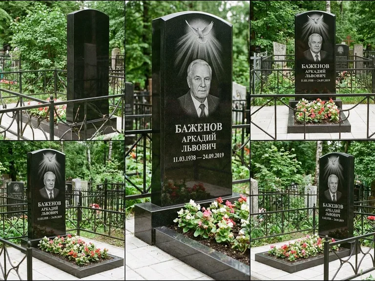 Памятник с гравировкой голубей — гравировка голубя в лучах света над портретом, работа «Баженов» в Южно-Сахалинске