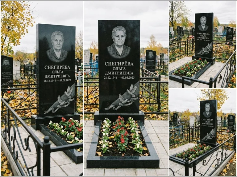 Памятник с гравировкой голубей — гравировка двух летящих голубей с лентой по диагонали стелы, работа «Снегирёва» в Южно-Сахалинске
