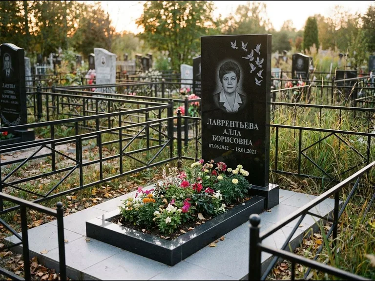Памятник с гравировкой голубей — гравировка стаи голубей, взлетающей от угла стелы, работа «Лаврентьева» в Южно-Сахалинске