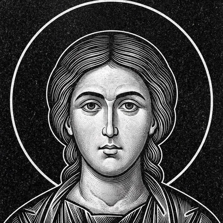 Эскиз иконы: Георгий Победоносец — воинам, гравировка на памятник в Южно-Сахалинске