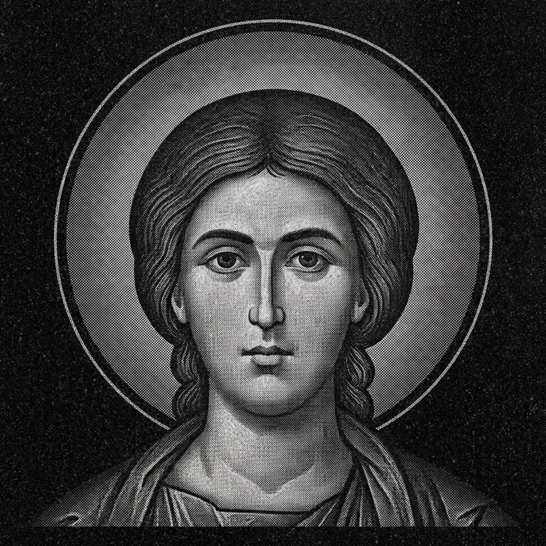 Эскиз иконы: Георгий Победоносец (полутон) — воинский образ, гравировка на памятник в Южно-Сахалинске