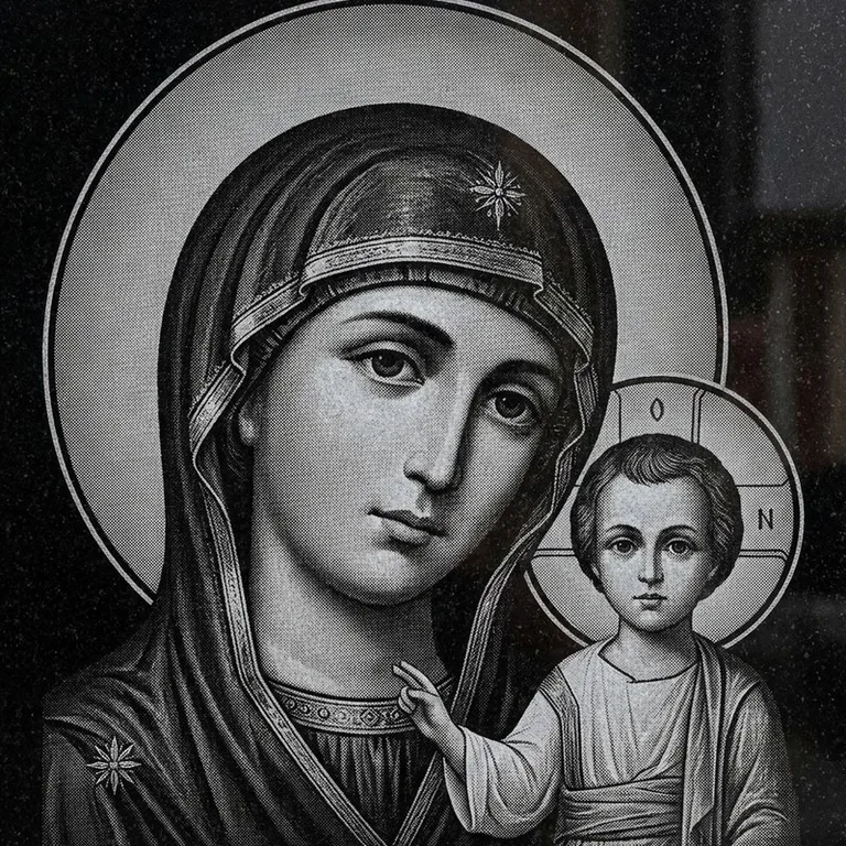 Эскиз иконы: Казанская (полутон) — детальный образ Богородицы, гравировка на памятник в Южно-Сахалинске
