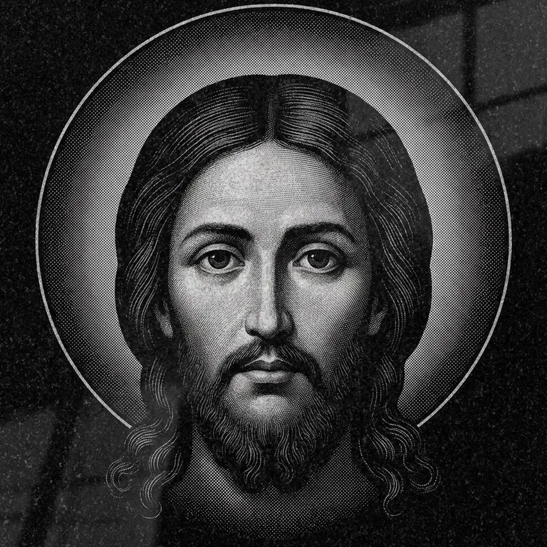 Эскиз иконы: Спас Нерукотворный (полутон) — детальный лик на убрусе, гравировка на памятник в Южно-Сахалинске