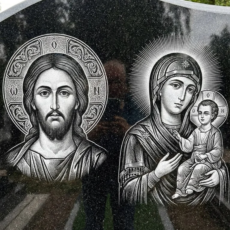 Эскиз иконы: Спаситель и Богородица — парные образы симметрично, гравировка на памятник в Южно-Сахалинске