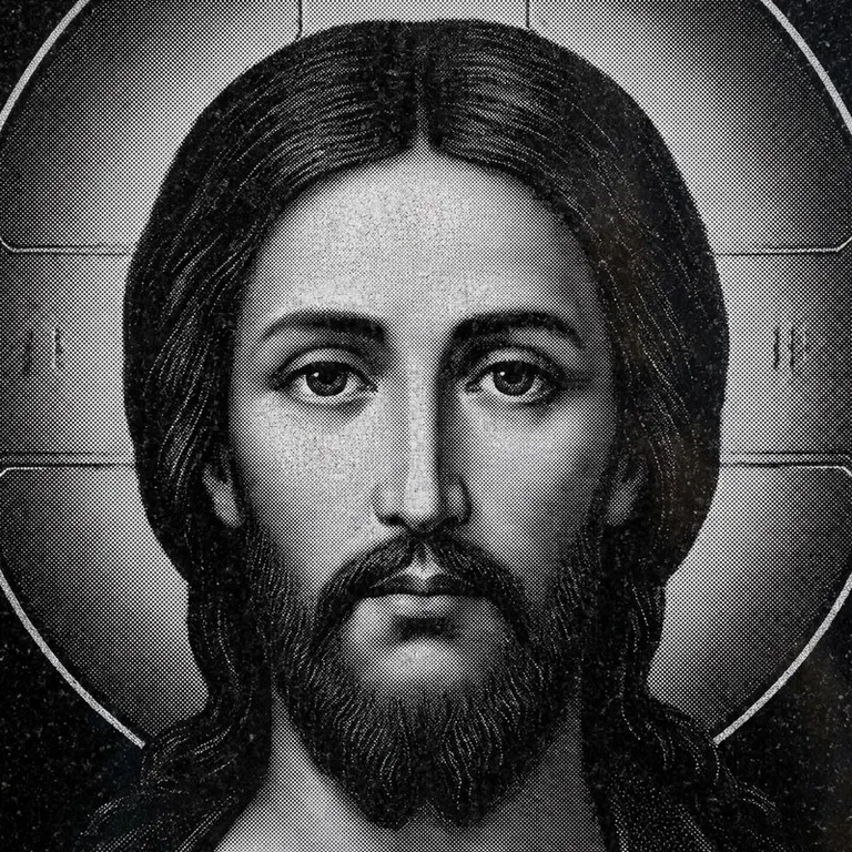 Эскиз иконы: Спас Вседержитель (полутон) — объёмный лик, светотень, гравировка на памятник в Южно-Сахалинске