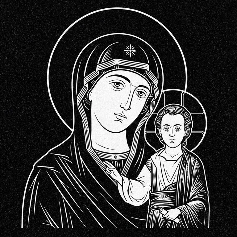 Эскиз иконы: «Утоли моя печали» — облегчение скорби, гравировка на памятник в Южно-Сахалинске