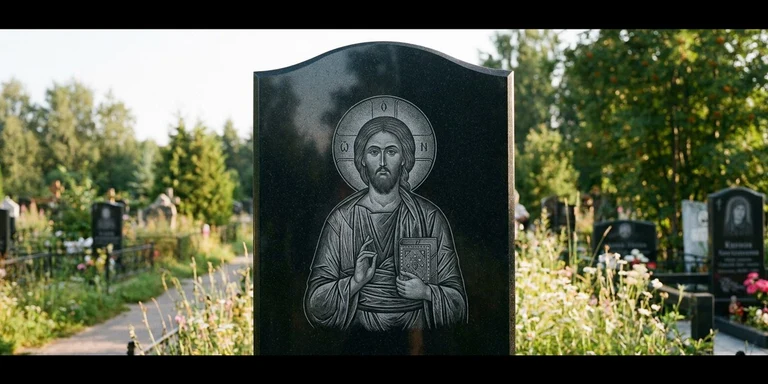 Иконы для гравировки на памятник в Южно-Сахалинске — образ на стеле из чёрного гранита с ручной доводкой лика