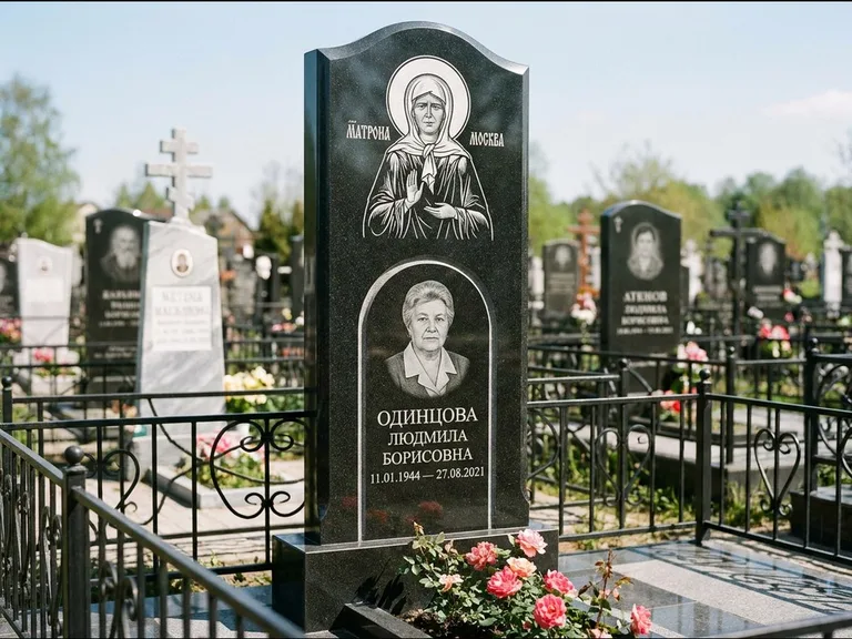 Памятник с гравировкой иконы — Владимирская икона Божией Матери с Младенцем, работа «Зотов» в Южно-Сахалинске