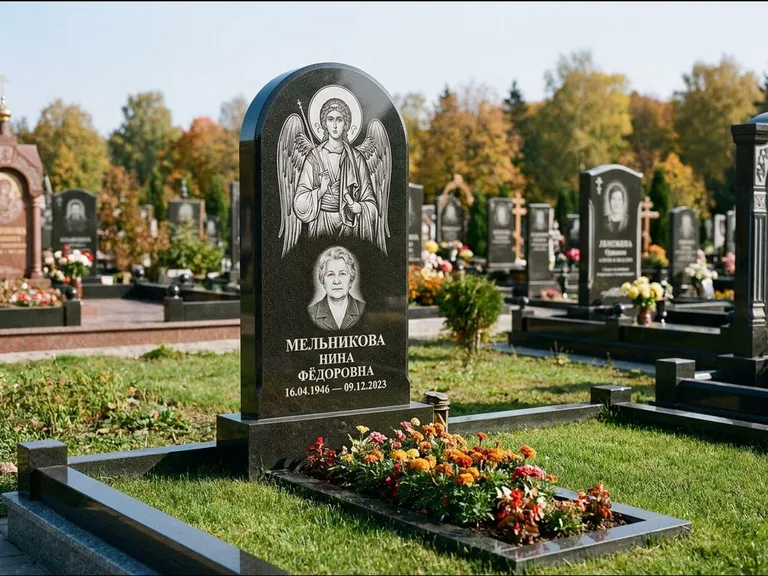 Памятник с гравировкой иконы — икона над портретом усопшего, работа «Журавлёв» в Южно-Сахалинске