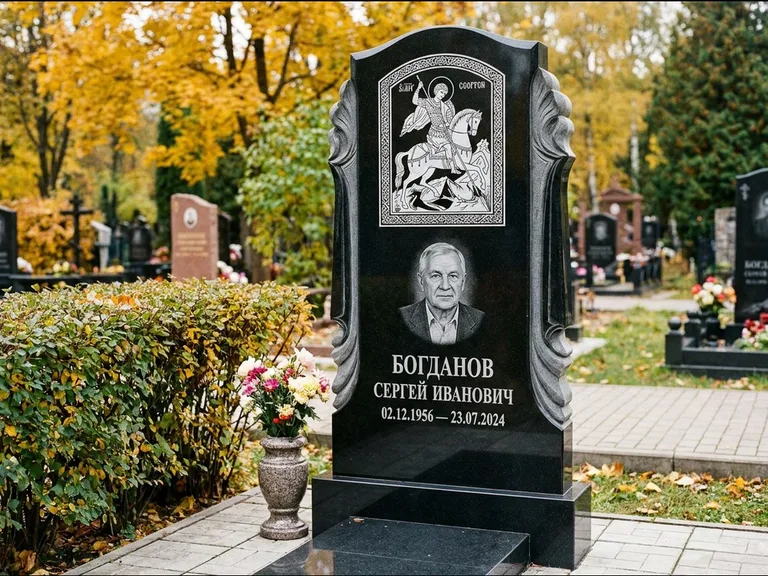 Памятник с гравировкой иконы — икона Спаса Вседержителя над именем усопшего, работа «Лебедева» в Южно-Сахалинске