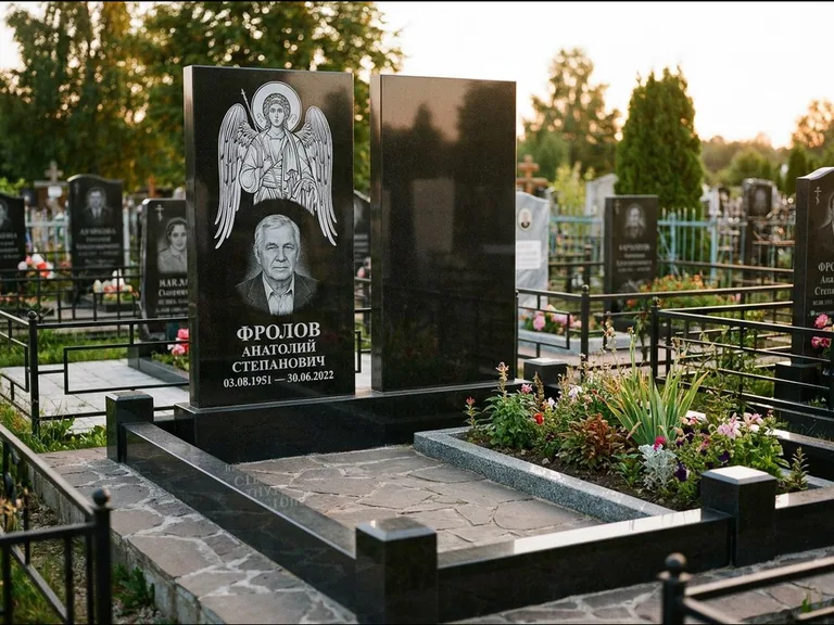 Памятник с гравировкой иконы: стела с резной рамкой вокруг иконы — Архангел Михаил на стеле, белая мраморная крошка с бордюром, работа «Богданова» в Южно-Сахалинске