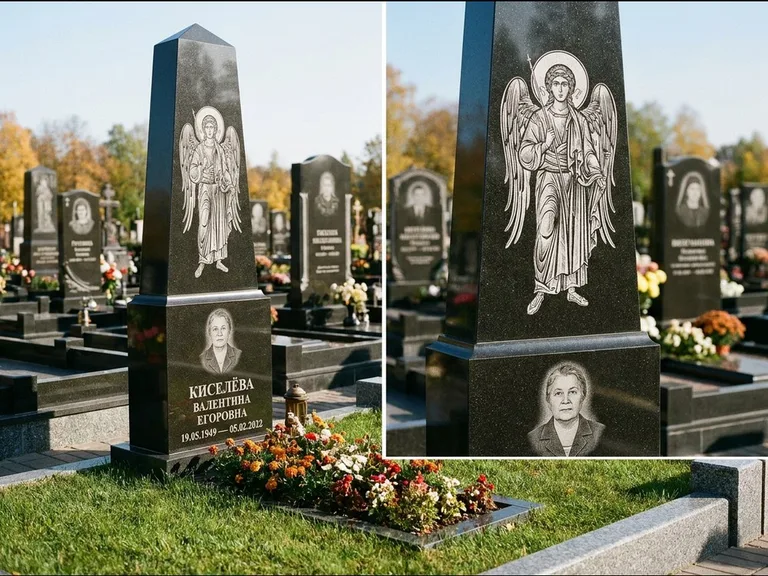 Памятник с гравировкой иконы: асимметричная скошенная стела — гравировка образа Спасителя, живая изгородь из кустарника, работа «Третьяков» в Южно-Сахалинске