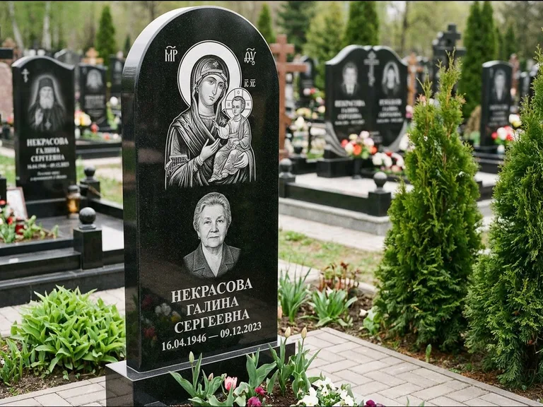 Памятник с гравировкой иконы: фигурная стела с киот-нишей под икону — икона в резной рамке-киоте, светлая гравийная отсыпка, работа «Журавлёв» в Южно-Сахалинске