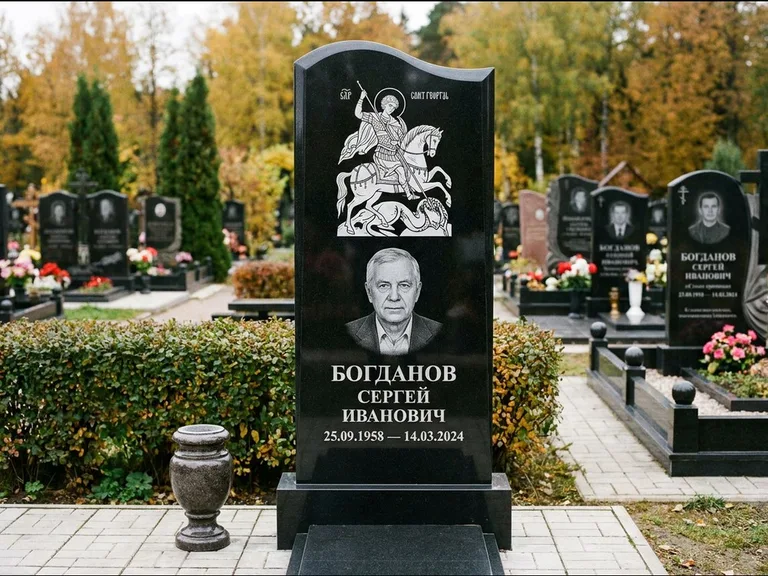 Памятник с гравировкой иконы: монументальный семейный мемориал из двух стел на общем цоколе — гравировка Николая Чудотворца, мощёная гранитная площадка без ограды, работа «Раевская» в Южно-Сахалинске