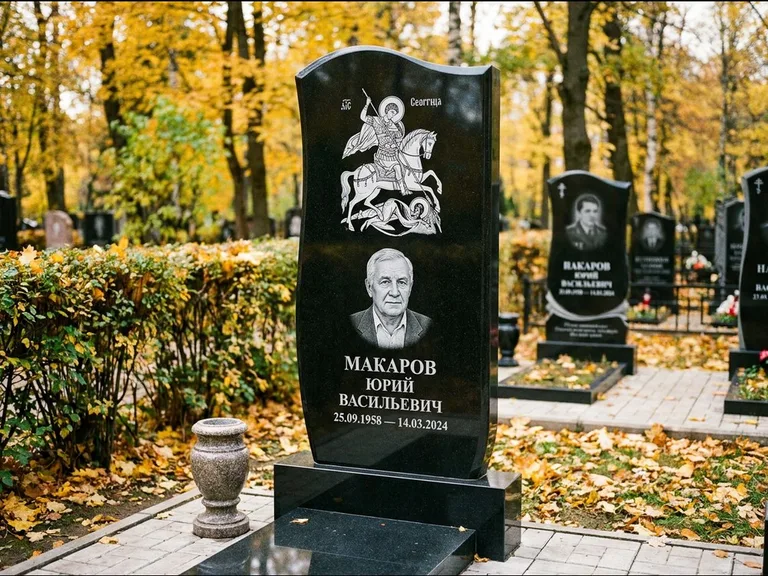 Памятник с гравировкой иконы — икона над портретом усопшего, работа «Раевская» в Южно-Сахалинске