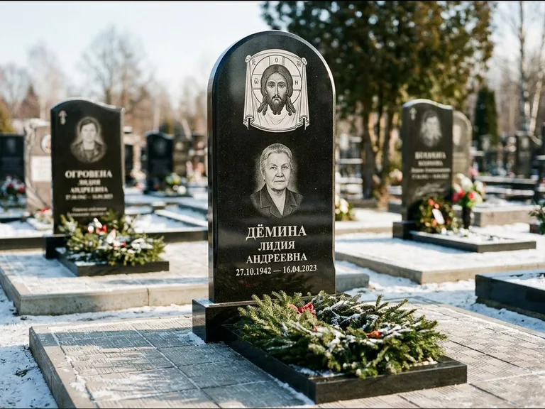 Памятник с гравировкой иконы — икона Спаса Вседержителя над именем усопшего, работа «Ковалёв» в Южно-Сахалинске