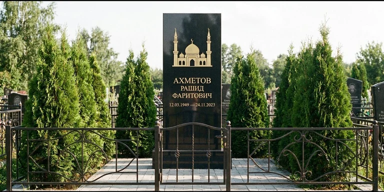 Гравировка мечети на памятник в Южно-Сахалинске — стела из чёрного гранита, оформление по канонам ислама