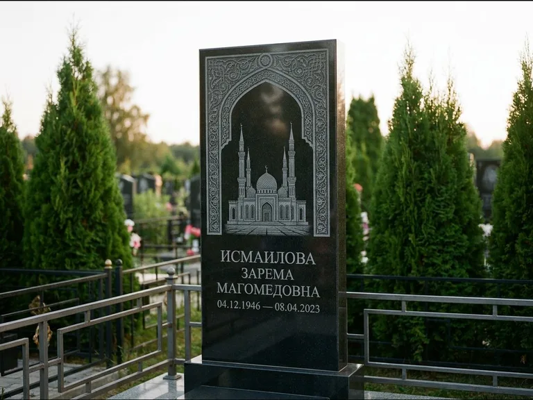 Мусульманский памятник с гравировкой мечети — мечеть в восточной арке с орнаментом, работа «Исмаилова» в Южно-Сахалинске