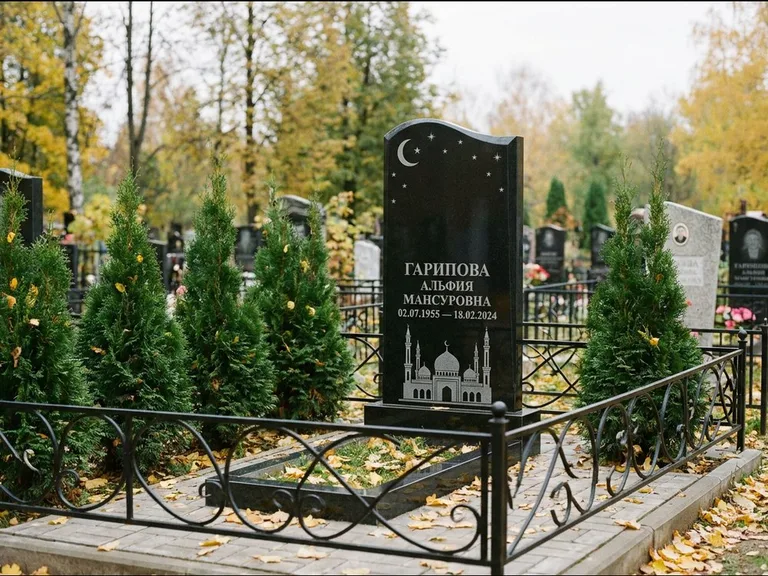 Мусульманский памятник с гравировкой мечети — мечеть с луной в ночном небе, работа «Гарипова» в Южно-Сахалинске