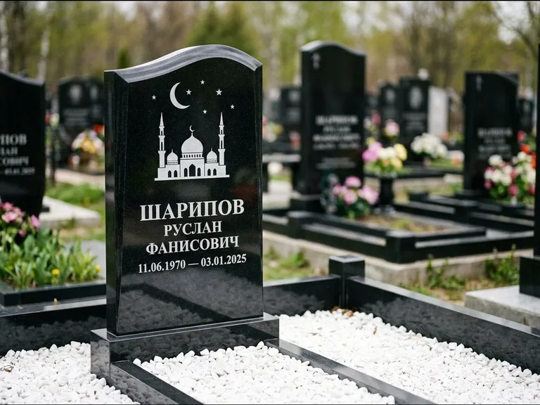 Мусульманский памятник с гравировкой мечети: стела с волнообразным скошенным верхом — гравировка мечети под полумесяцем и звёздами, белая мраморная крошка с бордюром, работа «Шарипов» в Южно-Сахалинске