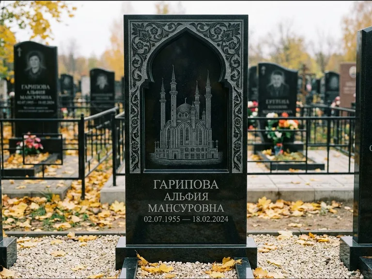 Мусульманский памятник с гравировкой мечети: фигурная стела с михраб-нишей — гравировка мечети в михраб-арке с орнаментом, светлая гравийная отсыпка, работа «Гарипова» в Южно-Сахалинске