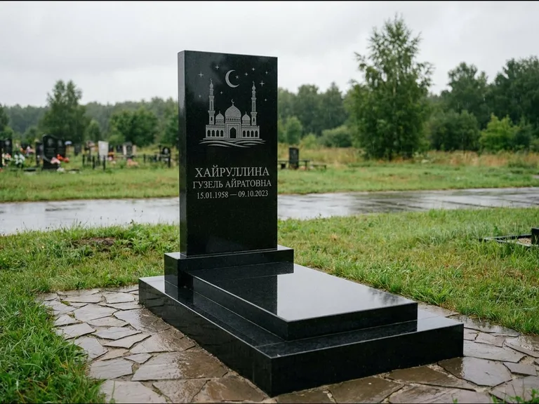 Мусульманский памятник с гравировкой мечети: ступенчатая двухуровневая стела — гравировка мечети под полумесяцем и звёздами, каменная дорожка из плитняка, работа «Хайруллина» в Южно-Сахалинске