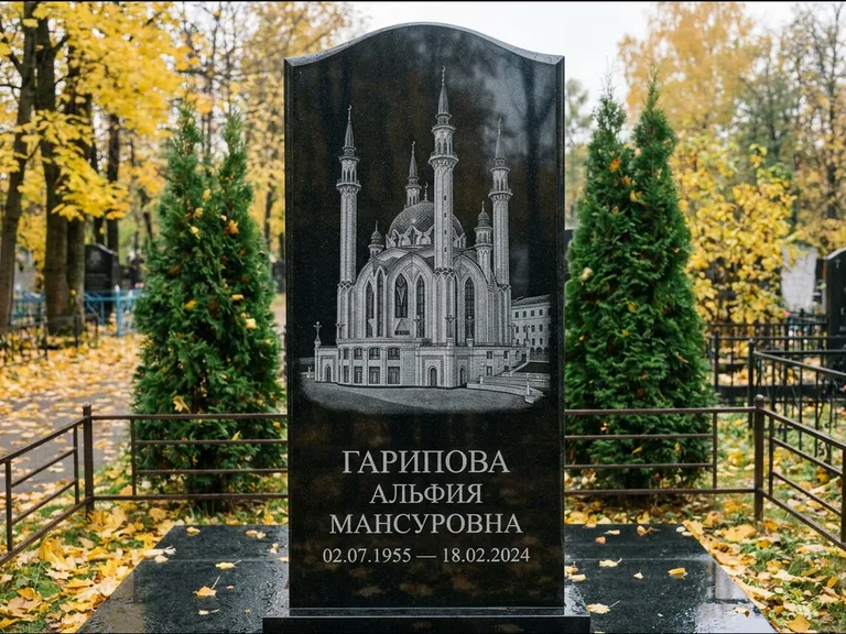 Мусульманский памятник с гравировкой мечети — мечеть Кул-Шариф на обороте стелы, работа «Гарипова» в Южно-Сахалинске