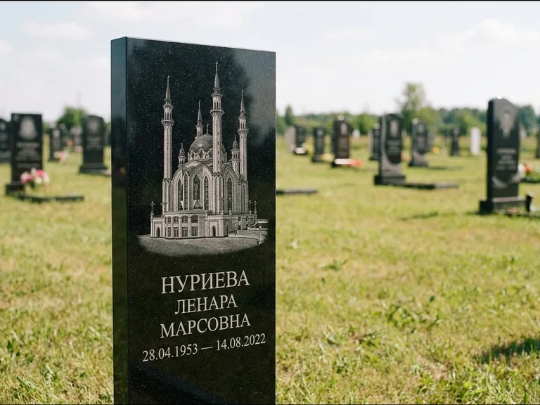 Мусульманский памятник с гравировкой мечети: узкая вертикальная стела-пилон — гравировка мечети в михраб-арке с орнаментом, открытая лужайка без ограды, работа «Хайруллина» в Южно-Сахалинске