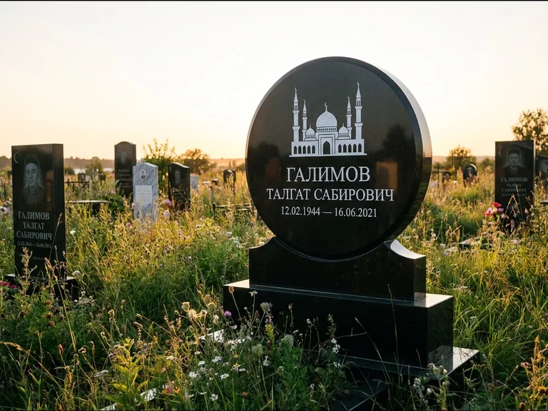 Мусульманский памятник с гравировкой мечети: округлая стела-медальон на тумбе — гравировка мечети в михраб-арке с орнаментом, луговые травы и полевые цветы, работа «Каримов» в Южно-Сахалинске