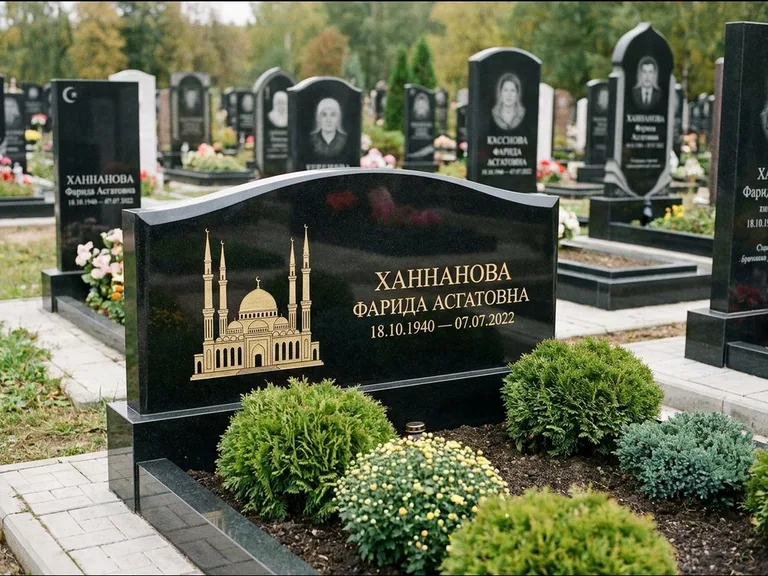 Мусульманский памятник с гравировкой мечети: вытянутая горизонтальная семейная стела с аркой — белая гравировка силуэта мечети с минаретами, участок с декоративными кустами, работа «Гарипова» в Южно-Сахалинске