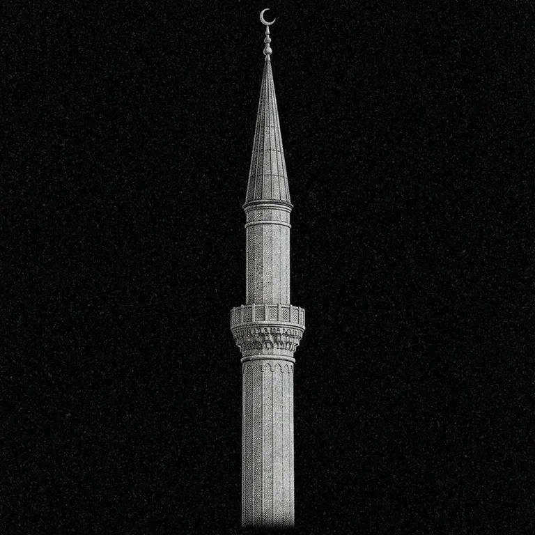 Эскиз: Минарет (фотореализм) — одиночный минарет с полумесяцем в Южно-Сахалинске