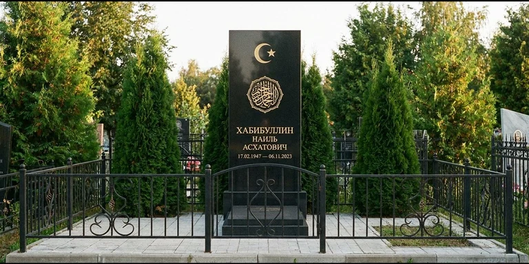 Гравировка на мусульманском памятнике в Южно-Сахалинске — стела из чёрного гранита, оформление по канонам ислама
